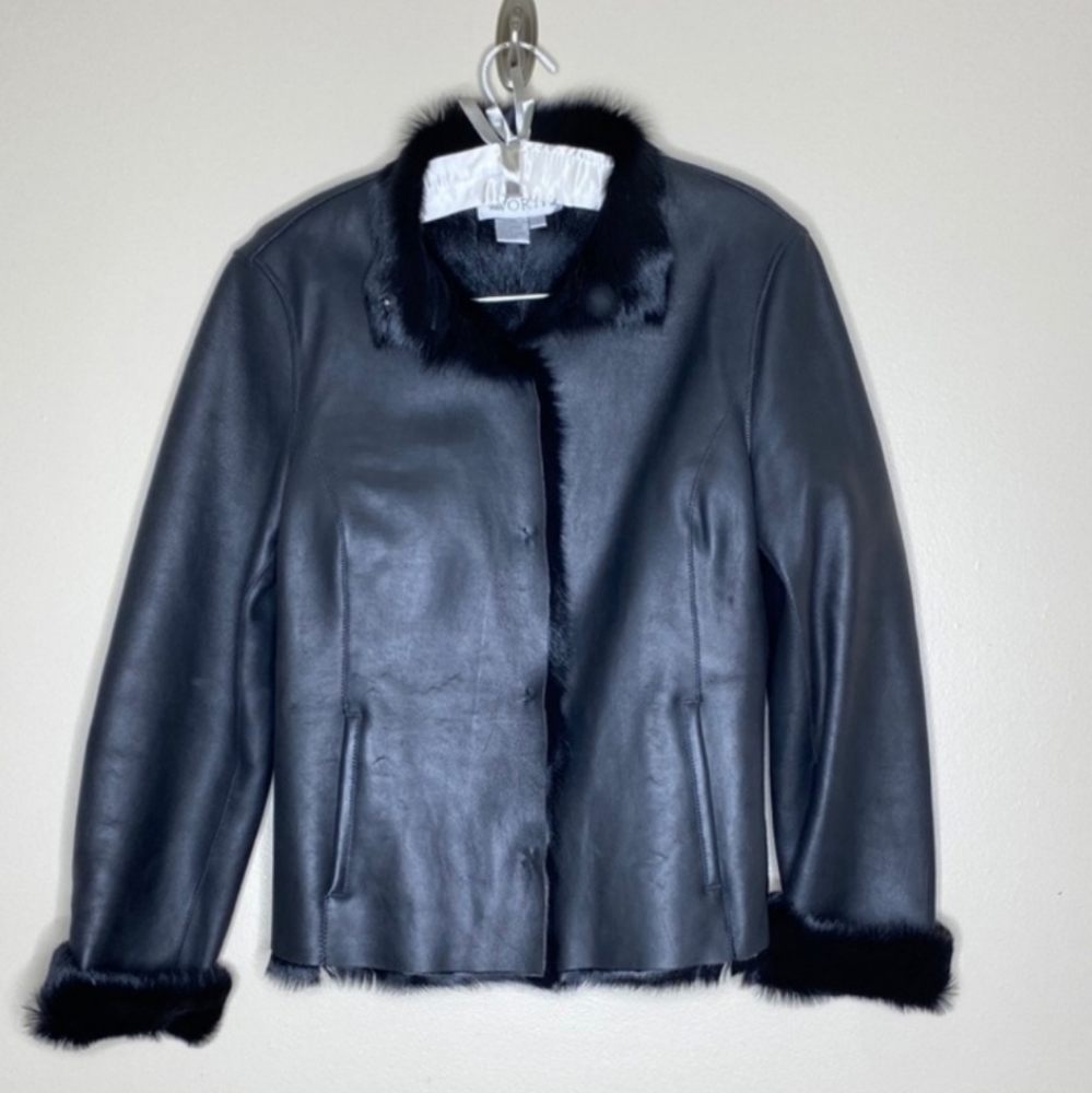 WORTH Coat soft Leather and Fur Black Jacket Small like new - Picture 2 of 11